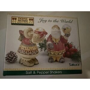 Sakura Debbie Mumm Joy to the World Salt & Pepper Ceramic Shaker Set NIB SL935/1